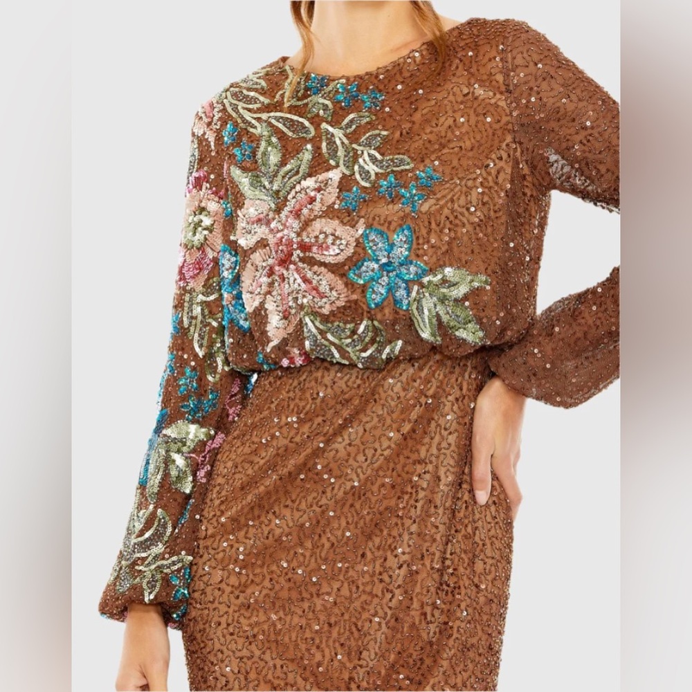 NWT $598 MAC DUGGAL Brown Embellished Floral High Neck Gown DRESS LONG SLEEVES - Picture 2 of 8